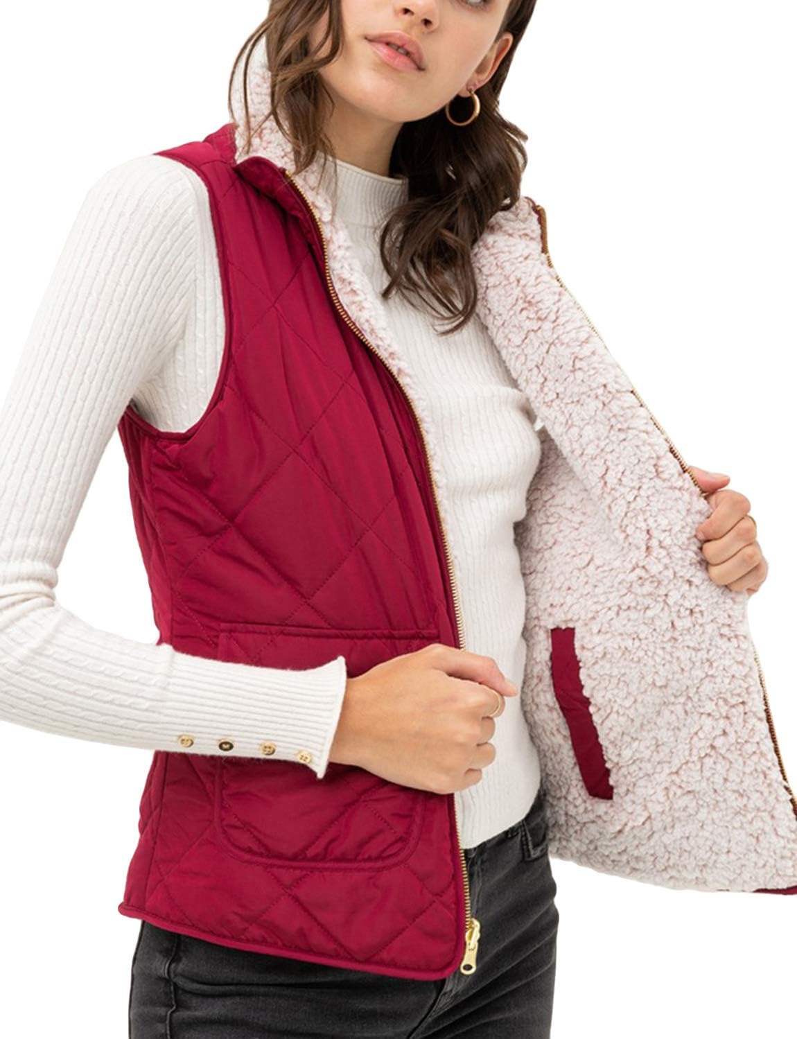 Women’s Quilted Vest - Reversible Lightweight Sleeveless Full Zip Up Faux Fur Lining Gilet Jacket with Pockets