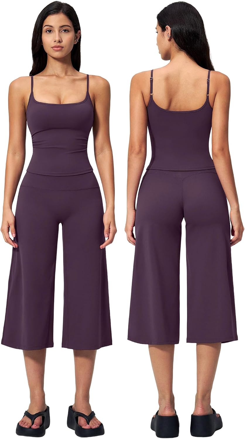 Women's 2-Piece Workout Set - Halter Sports Bra and Wide Leg Capri Pants for Yoga and Pilates