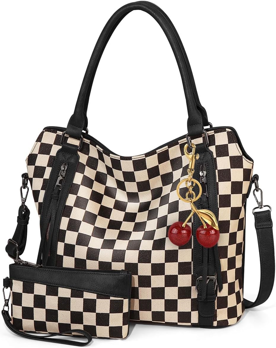 Checkered Tote Bag Large Plaid Hobo Shoulder Bag for Women with Multiple Pockets