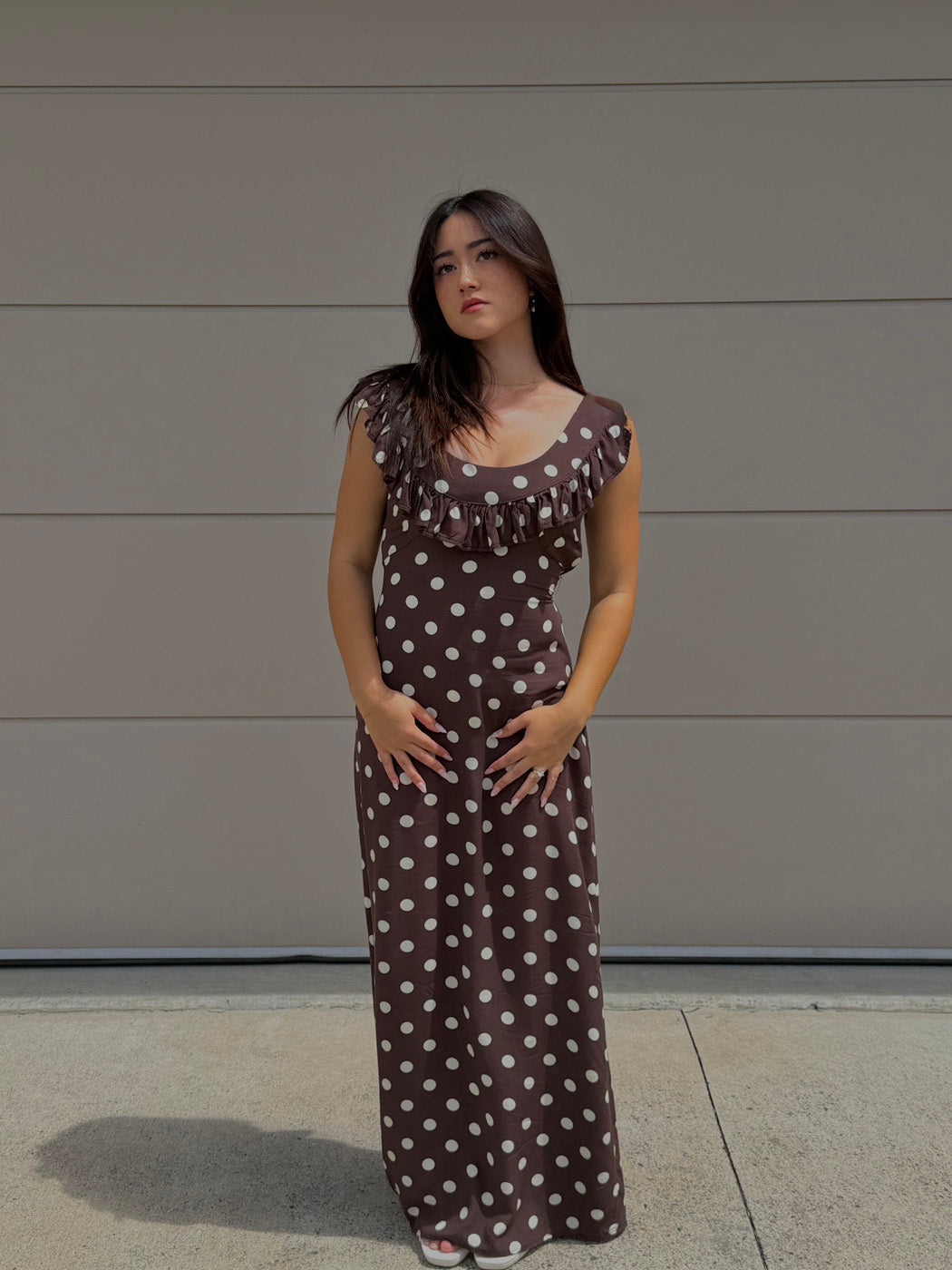 Luna Polka Dot Maxi Dress - Brown and Yellow Feminine Prom and Evening Gown