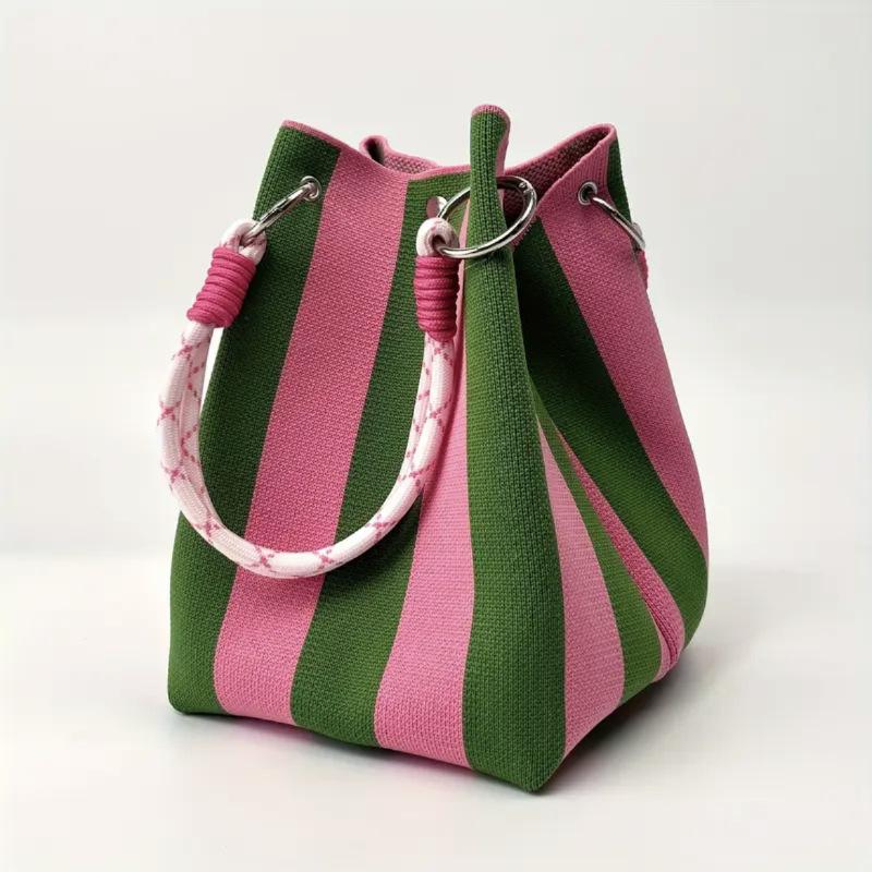Boho Woven Polyester Bucket Bag, Handmade Knitted Crochet Shoulder Bag for Travel and Beach