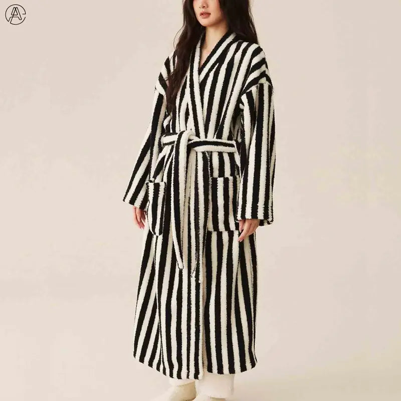 Womens Striped Fluffy Robe - Long Plush Bathrobe, Fuzzy Warm Cozy Thick Maxi Loungewear