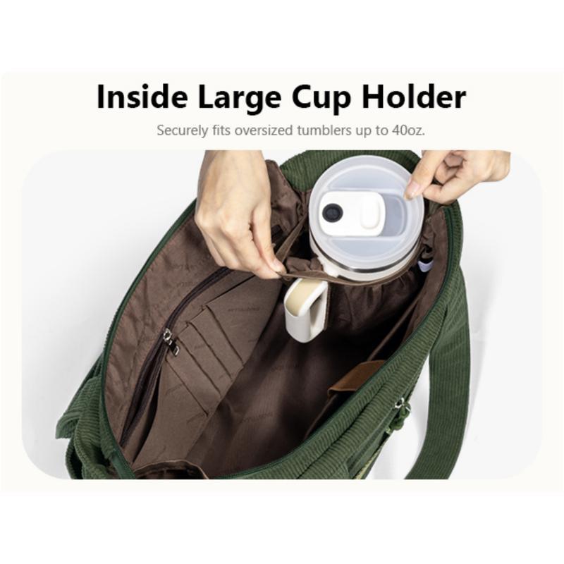 Corduroy Tote Bag for Women, 15.6 inch Laptop Work Bag with Large Cup Holder