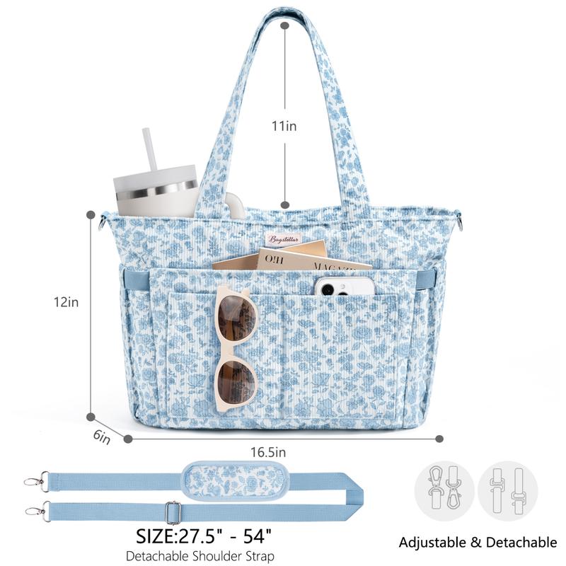 Corduroy Tote Bag for Women, 15.6 inch Laptop Work Bag with Large Cup Holder