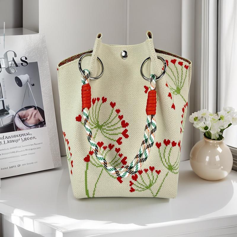 Boho Woven Polyester Bucket Bag, Handmade Knitted Crochet Shoulder Bag for Travel and Beach