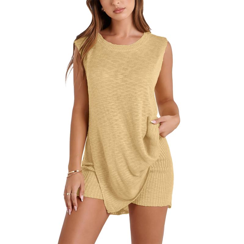 Women's 2 Piece Summer Knit Sweater Set - Sleeveless Tunic Top and Matching Shorts