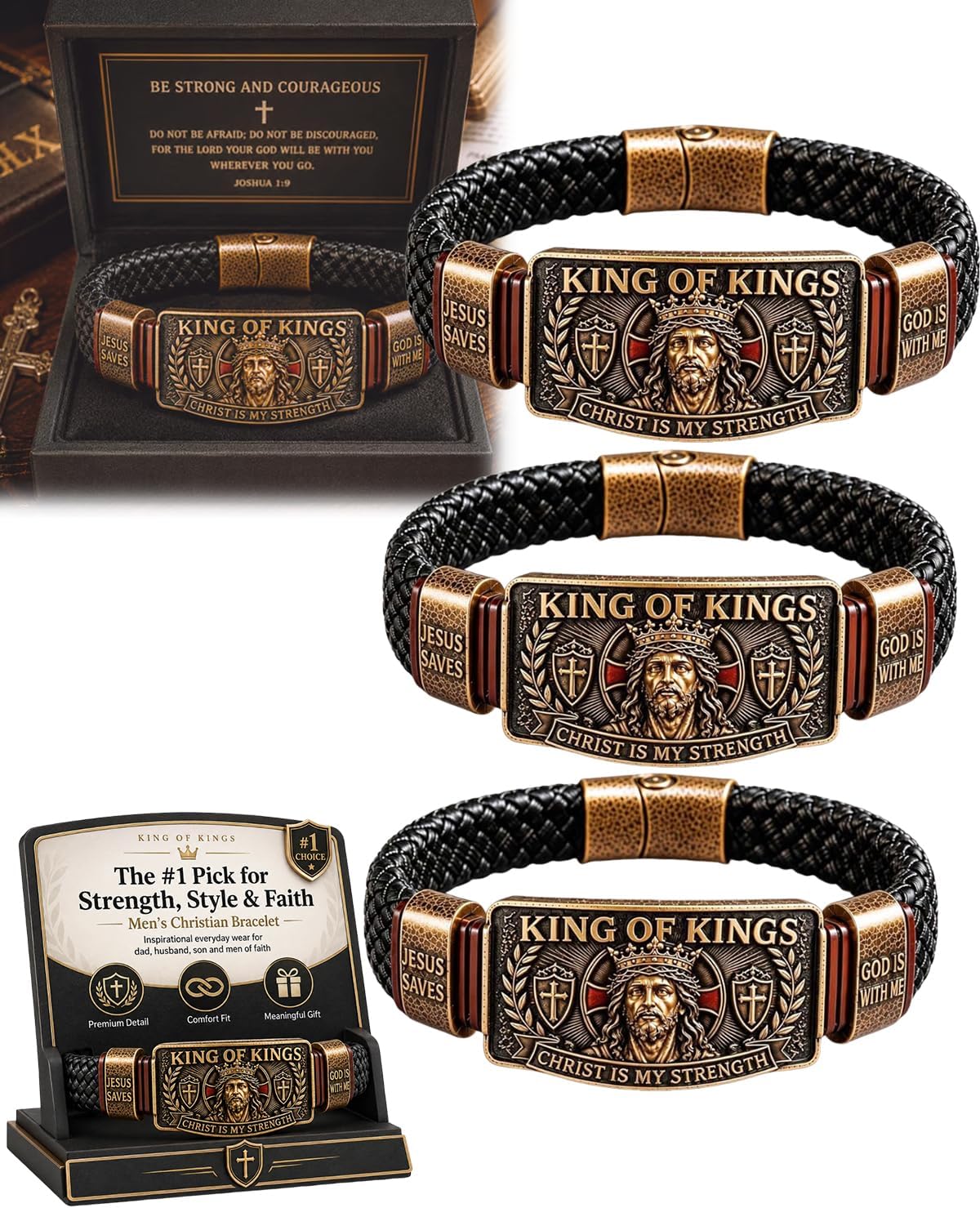 King of Kings Faith Bracelet - Adjustable Handmade Religious Leather Wristband for Men
