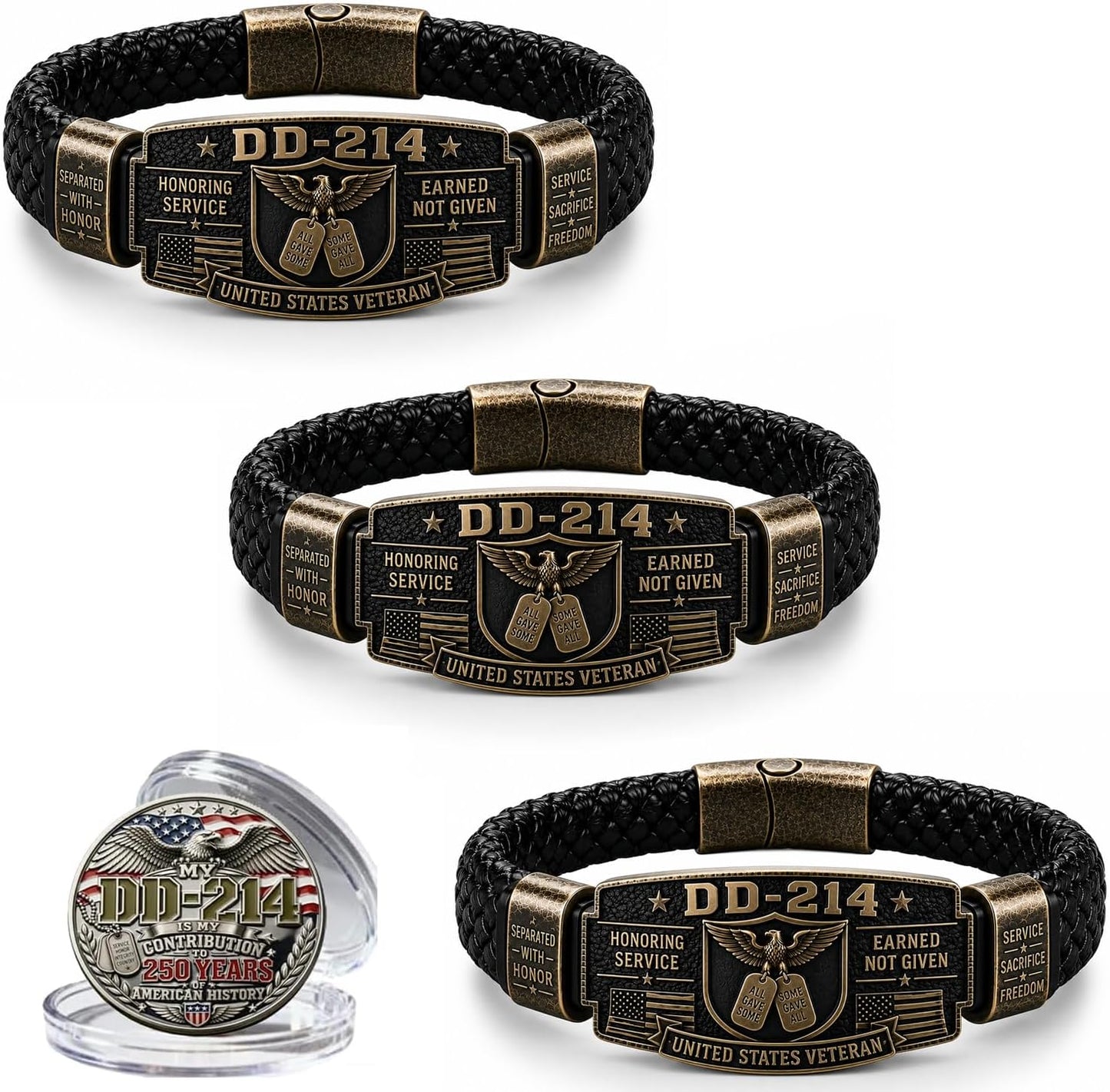 Veteran Honor Bracelet, Earned Not Given Braided Cuff Bangle, Antique USA Flag Eagle Wristband