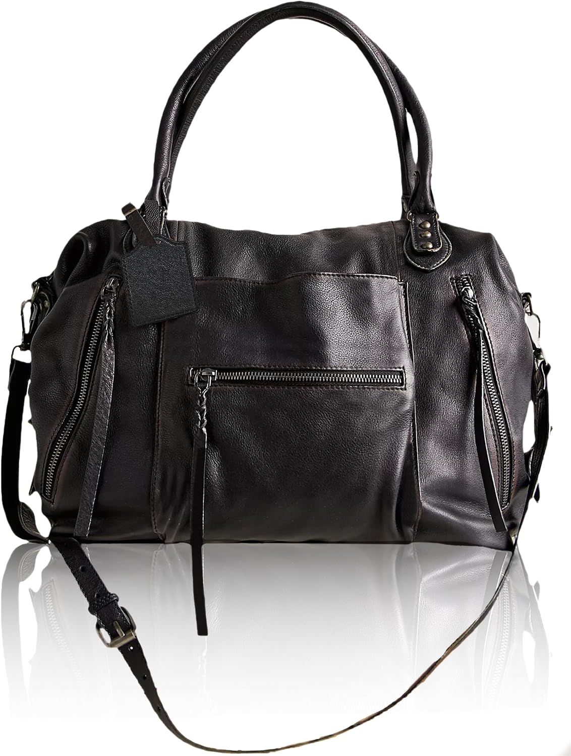 Women's Large Vegan Leather City Tote Bag with Zipper and Adjustable Strap