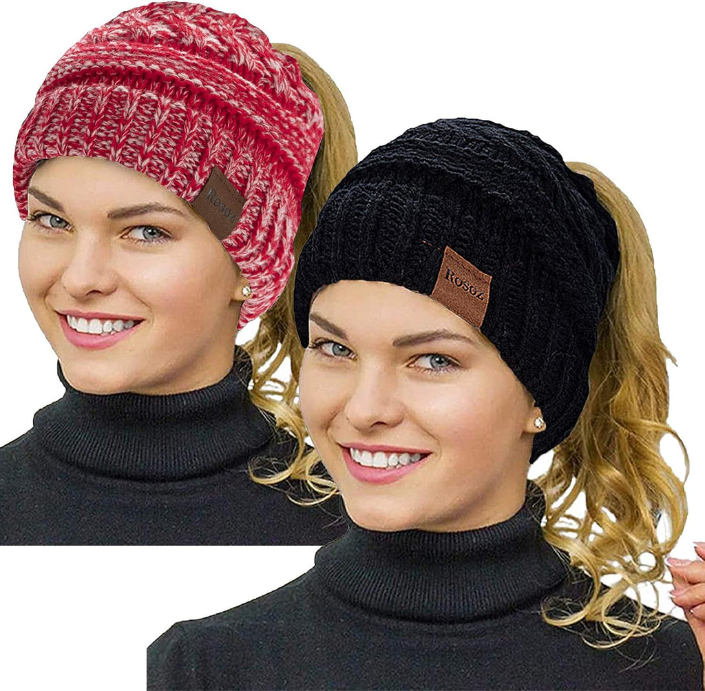 2 Pack Ponytail Beanie for Women, Winter Warm Soft Stretch Cable Knit Messy High Bun Hat