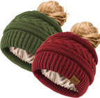 2Pcs Women's Ponytail Beanie, Satin Lined Winter Hat for Outdoor Activities