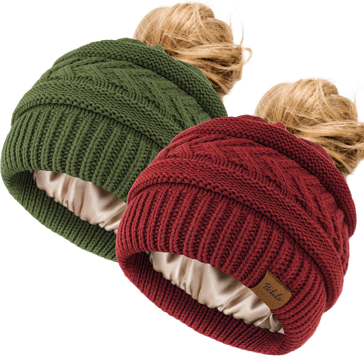 2Pcs Women's Ponytail Beanie, Satin Lined Winter Hat for Outdoor Activities