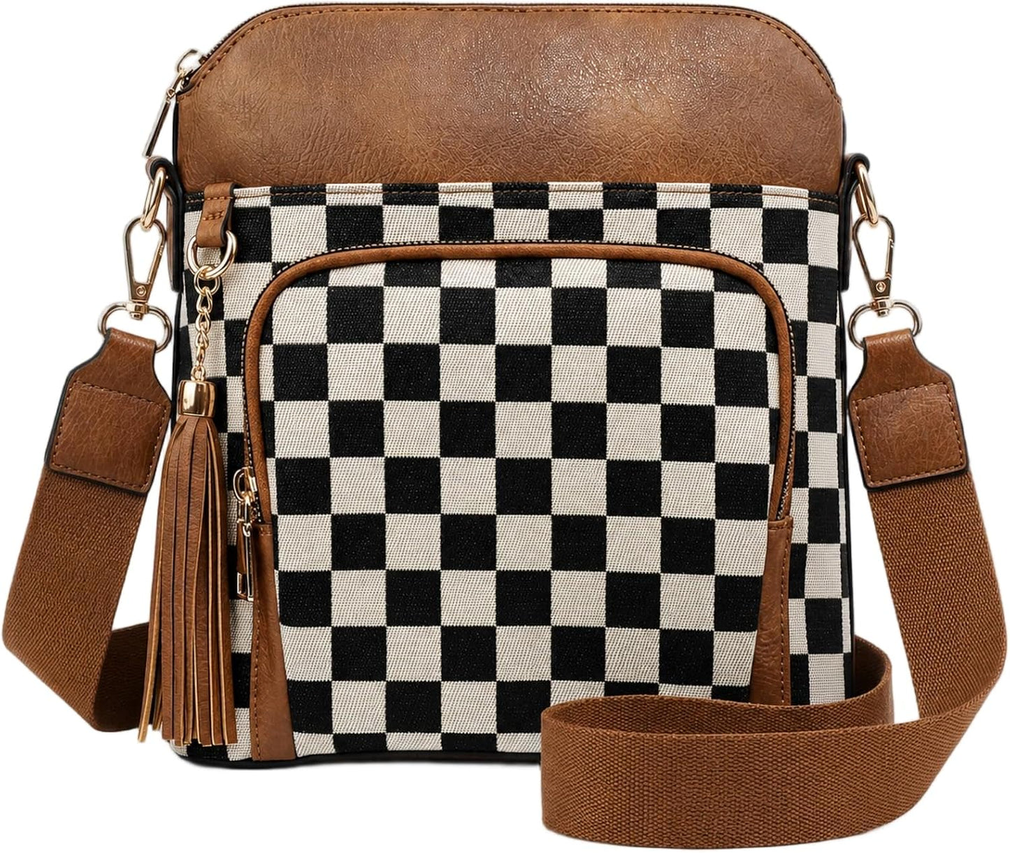 Checkered Crossbody Bag for Women, Lightweight Plaid PU Leather Canvas Handbag with Adjustable Strap