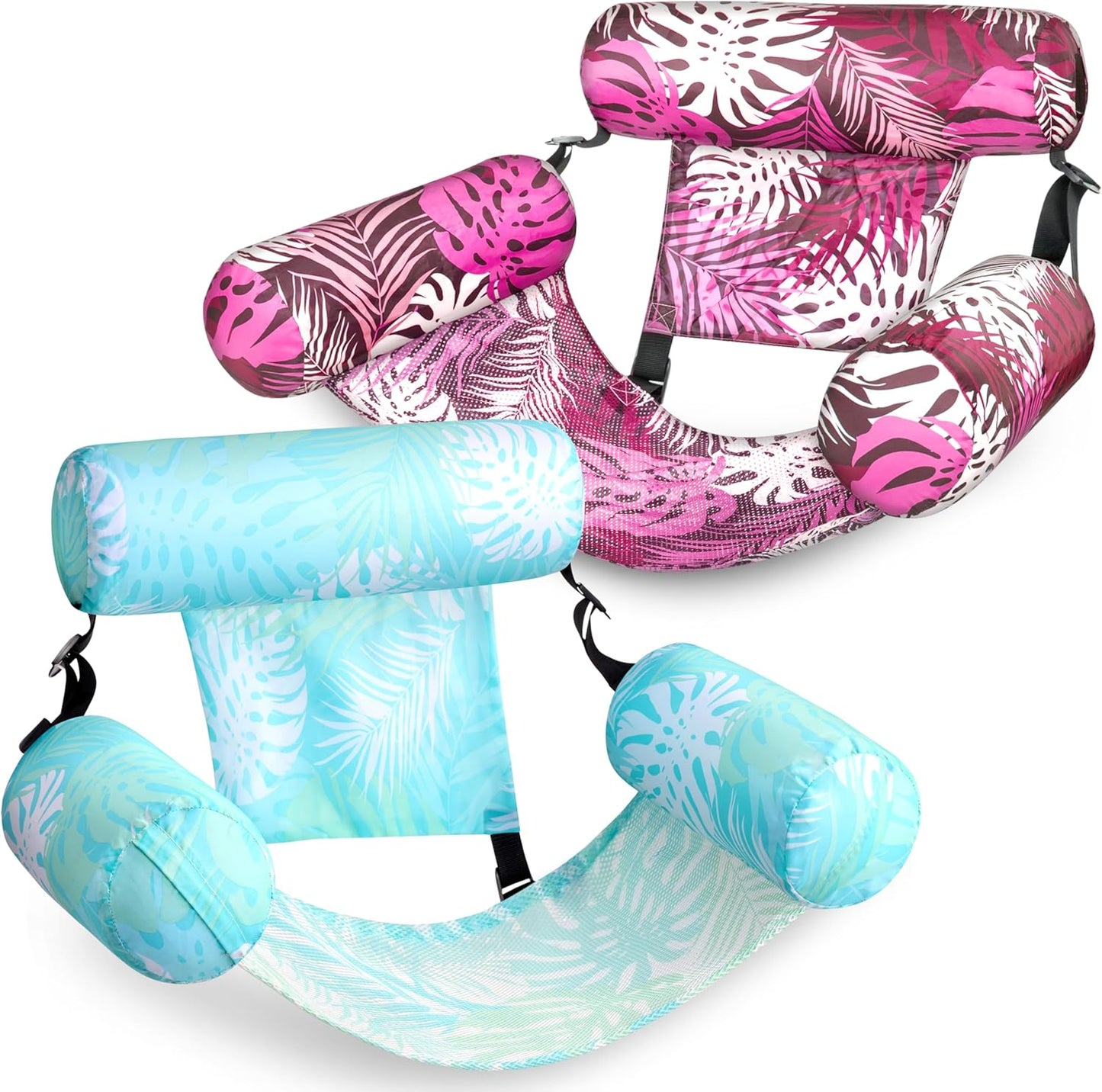 2-Pack Inflatable Pool Float Chairs, Fabric Covered Floating Lounge with Mesh Sling