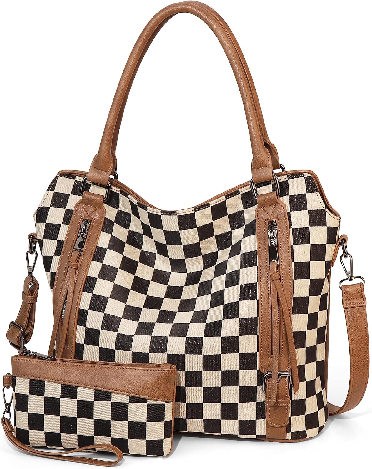 Checkered Tote Bag Large Plaid Hobo Shoulder Bag for Women with Multiple Pockets