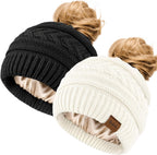 2Pcs Women's Ponytail Beanie, Satin Lined Winter Hat for Outdoor Activities