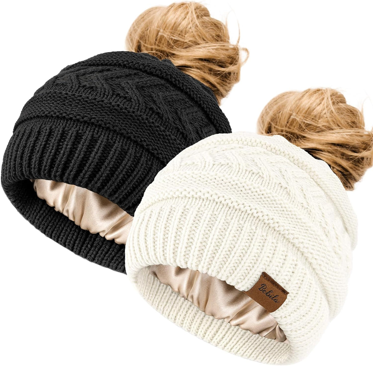 2Pcs Women's Ponytail Beanie, Satin Lined Winter Hat for Outdoor Activities
