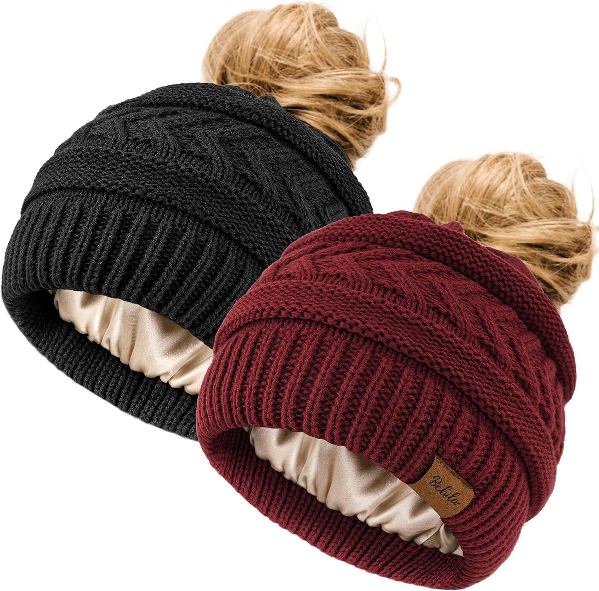 2Pcs Women's Ponytail Beanie, Satin Lined Winter Hat for Outdoor Activities