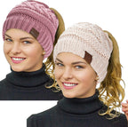 2 Pack Ponytail Beanie for Women, Winter Warm Soft Stretch Cable Knit Messy High Bun Hat