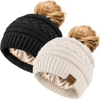 2Pcs Women's Ponytail Beanie, Satin Lined Winter Hat for Outdoor Activities
