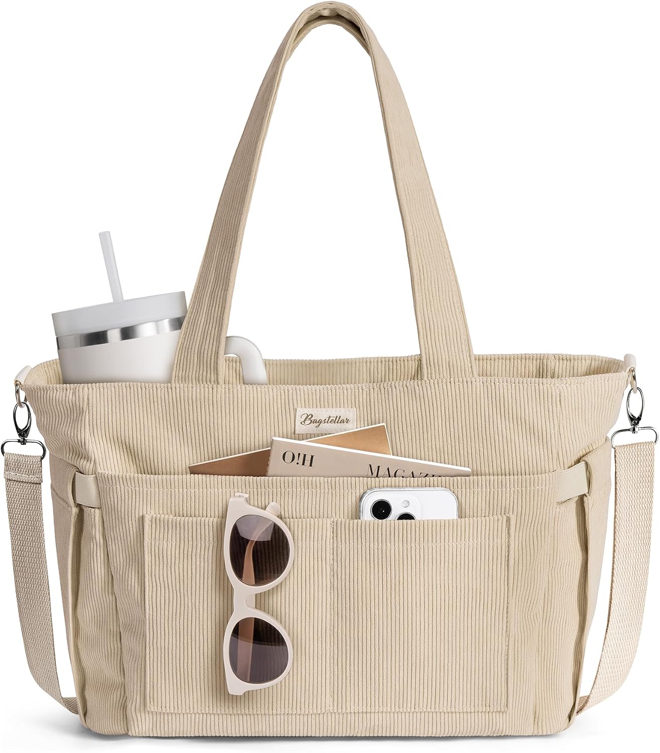 Corduroy Tote Bag for Women, 17 Pockets Laptop Work Bag with 40oz Cup Holder