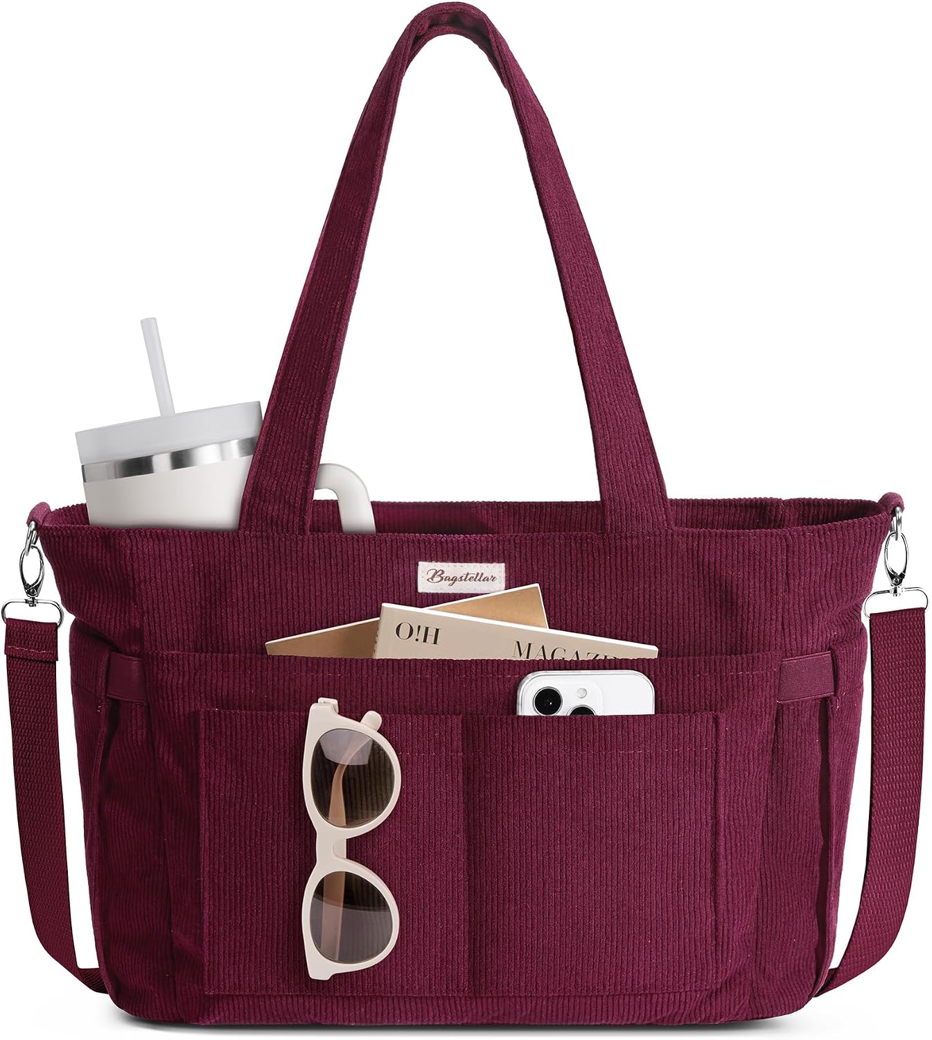 Corduroy Tote Bag for Women, 17 Pockets Laptop Work Bag with 40oz Cup Holder