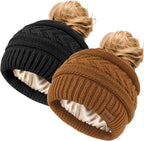 2Pcs Women's Ponytail Beanie, Satin Lined Winter Hat for Outdoor Activities