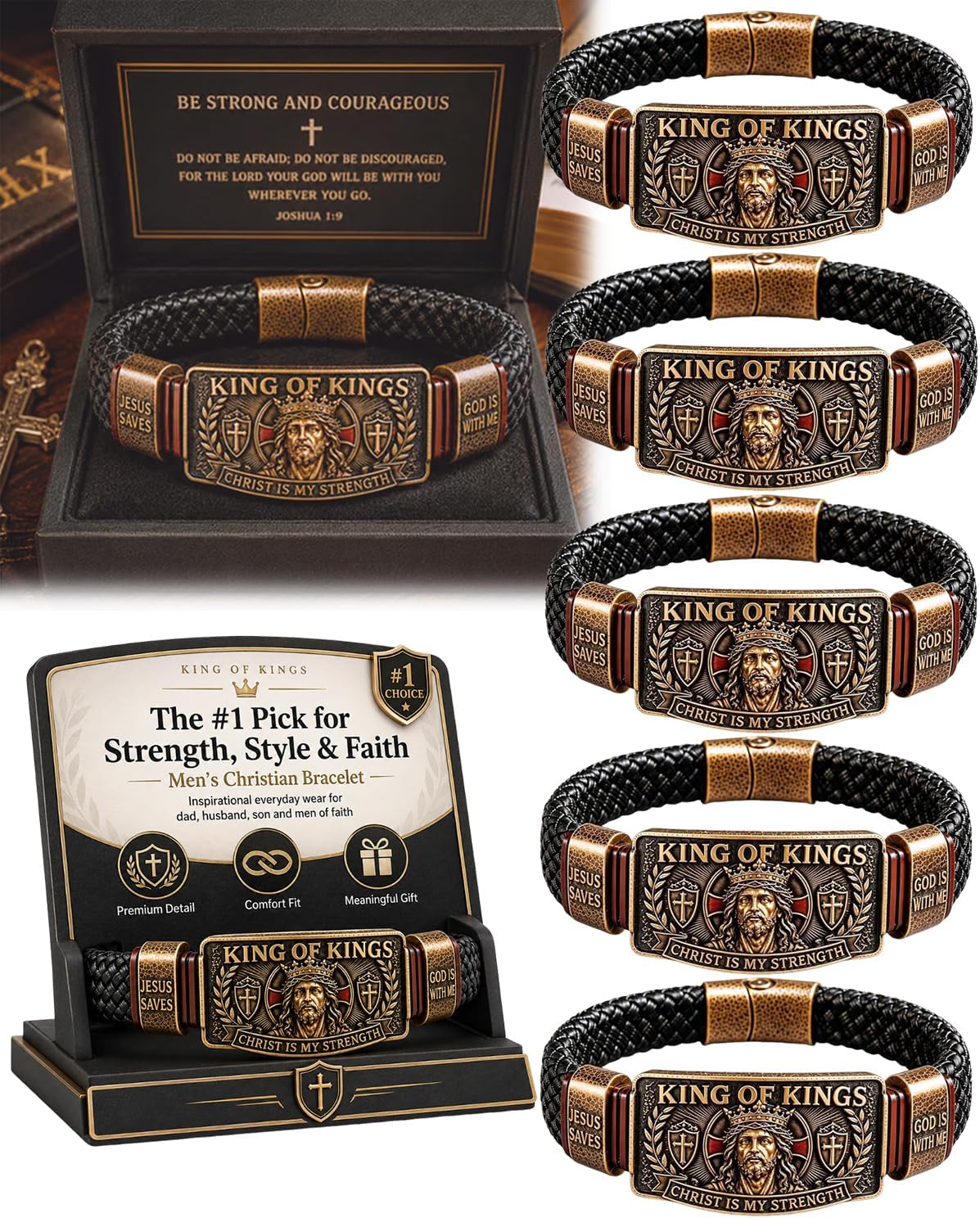 King of Kings Faith Bracelet - Adjustable Handmade Religious Leather Wristband for Men