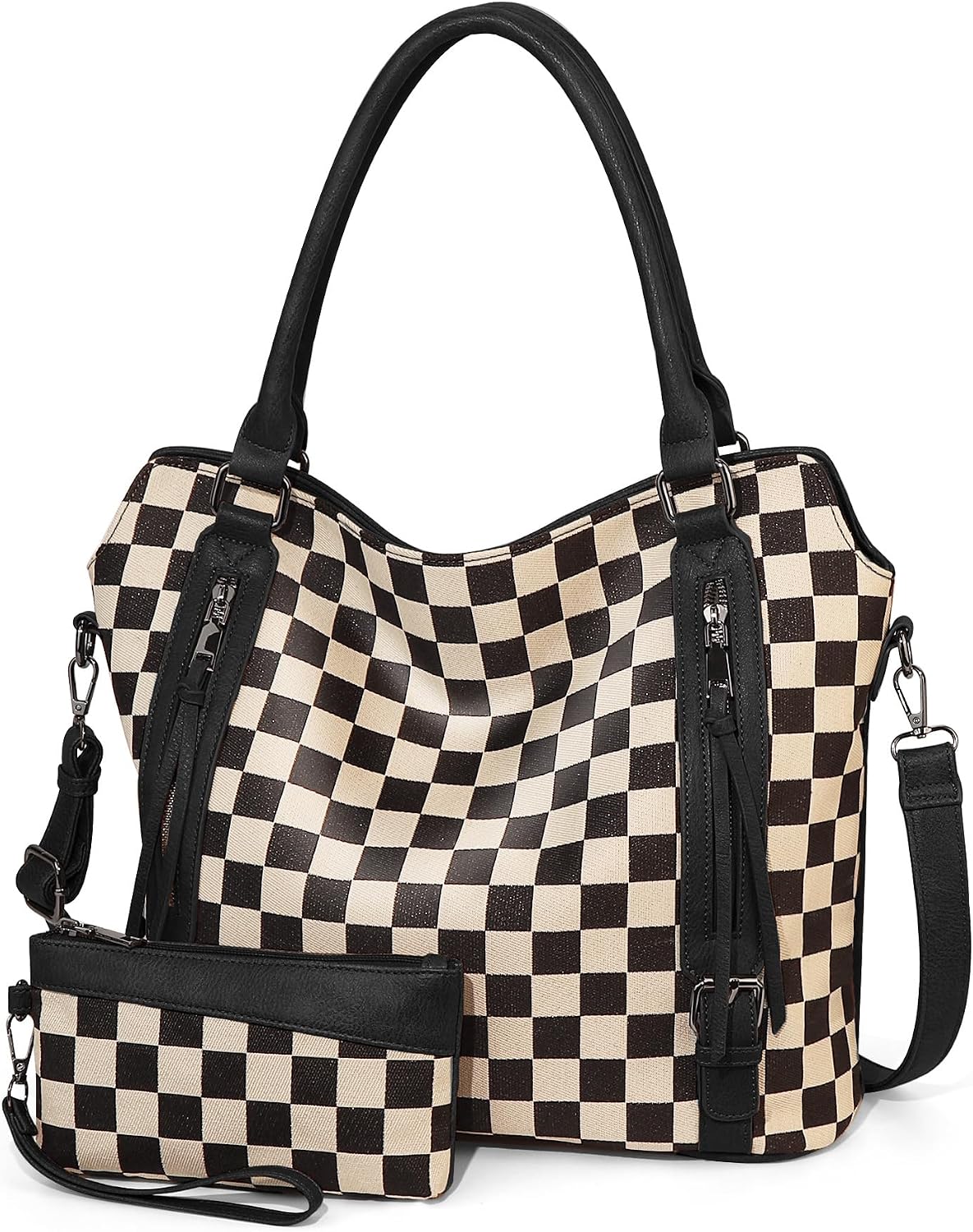 Checkered Tote Bag Large Plaid Hobo Shoulder Bag for Women with Multiple Pockets