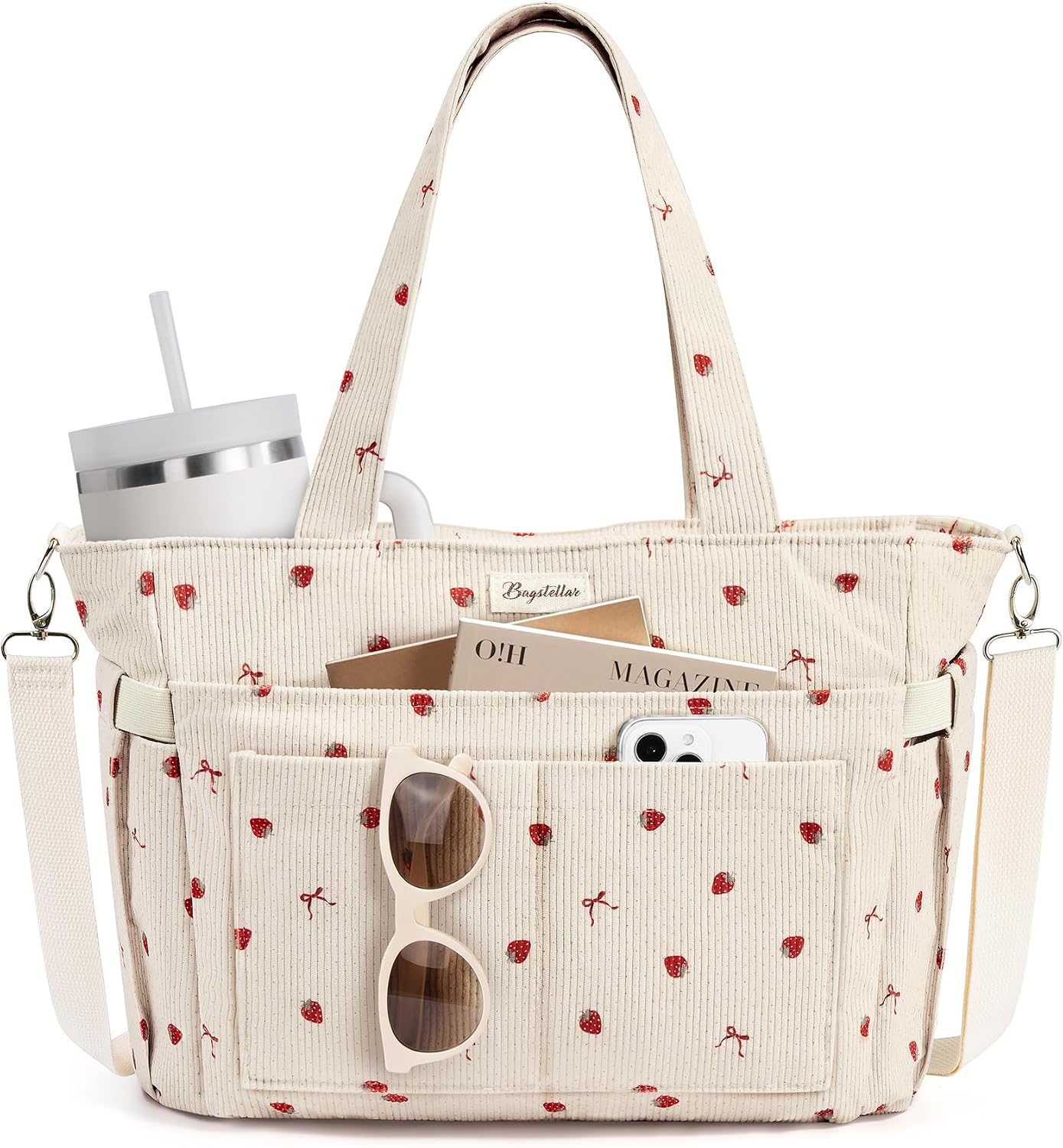 Corduroy Tote Bag for Women, 17 Pockets Laptop Work Bag with 40oz Cup Holder