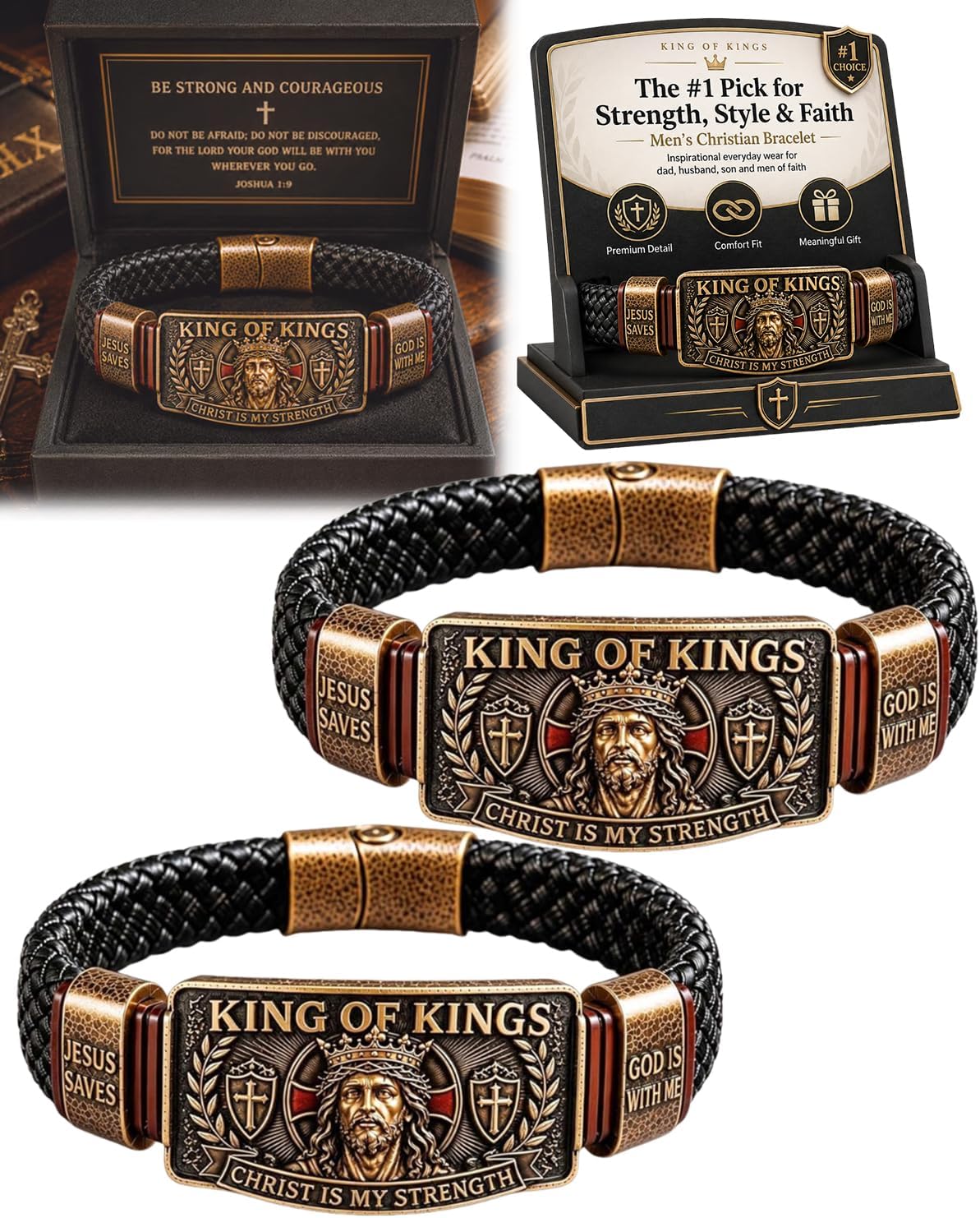 King of Kings Faith Bracelet - Adjustable Handmade Religious Leather Wristband for Men