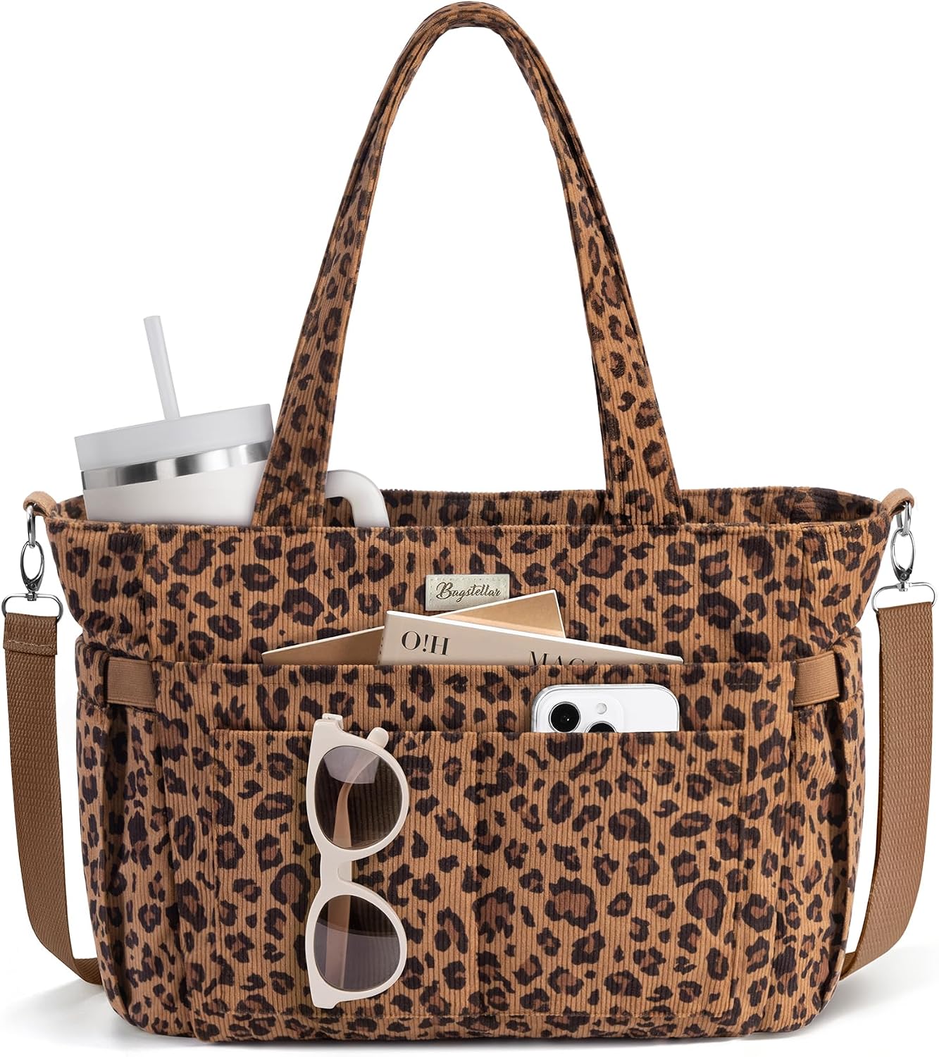 Corduroy Tote Bag for Women, 17 Pockets Laptop Work Bag with 40oz Cup Holder