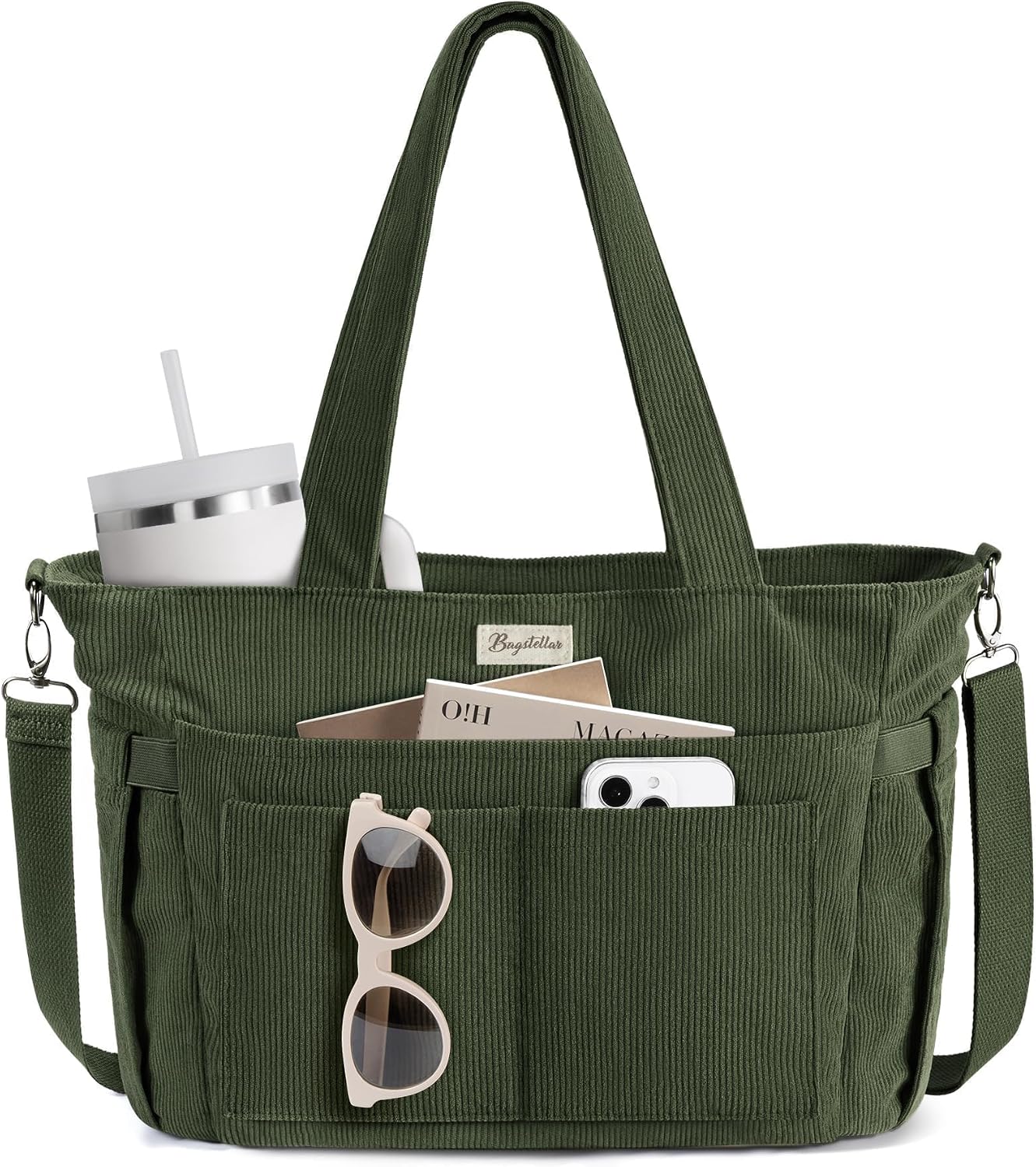 Corduroy Tote Bag for Women, 17 Pockets Laptop Work Bag with 40oz Cup Holder