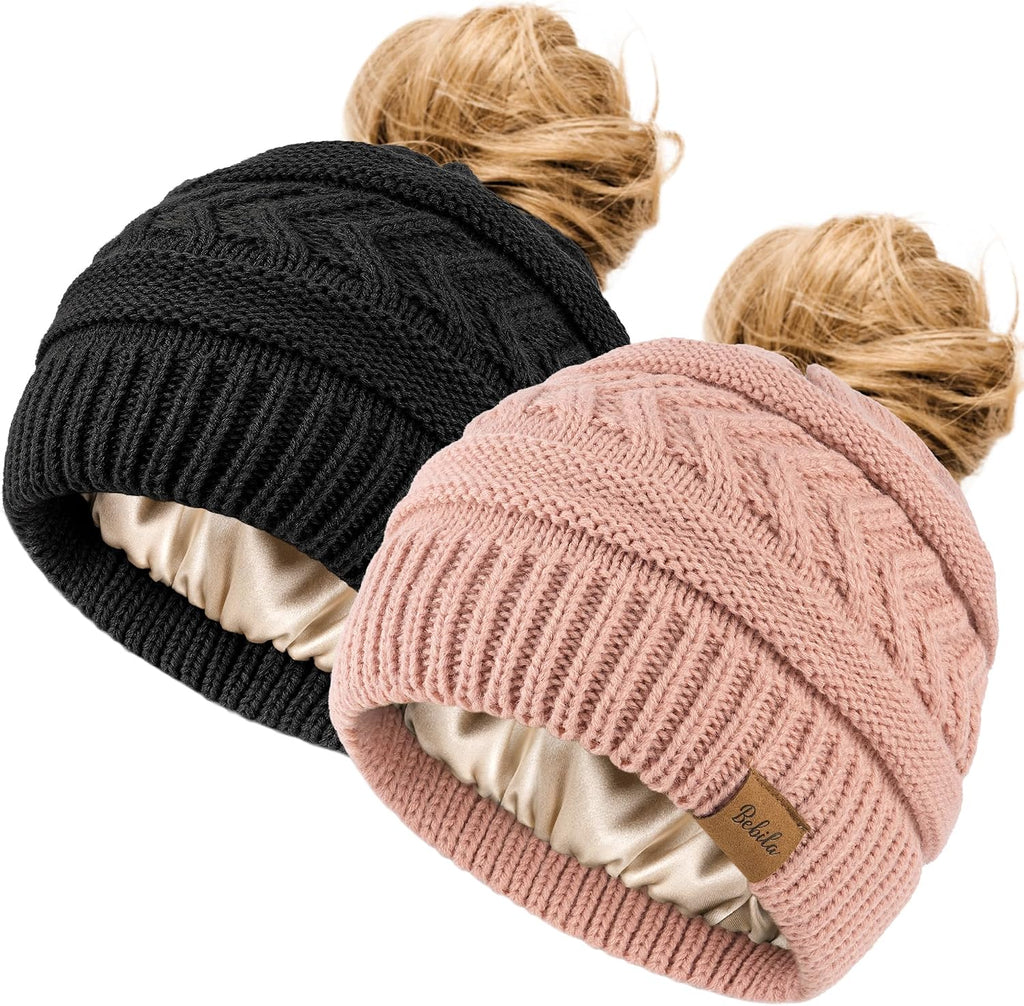 2Pcs Women's Ponytail Beanie, Satin Lined Winter Hat for Outdoor Activities