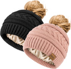 2Pcs Women's Ponytail Beanie, Satin Lined Winter Hat for Outdoor Activities