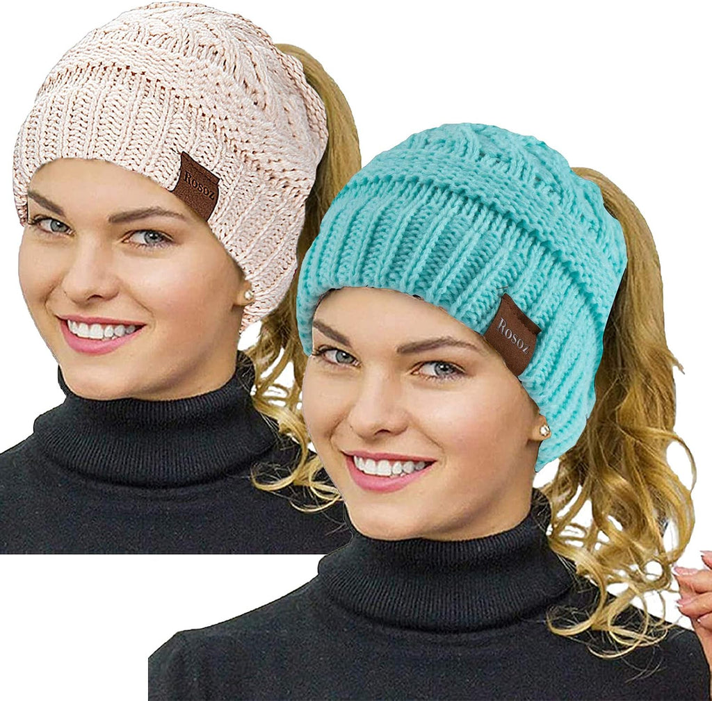 2 Pack Ponytail Beanie for Women, Winter Warm Soft Stretch Cable Knit Messy High Bun Hat