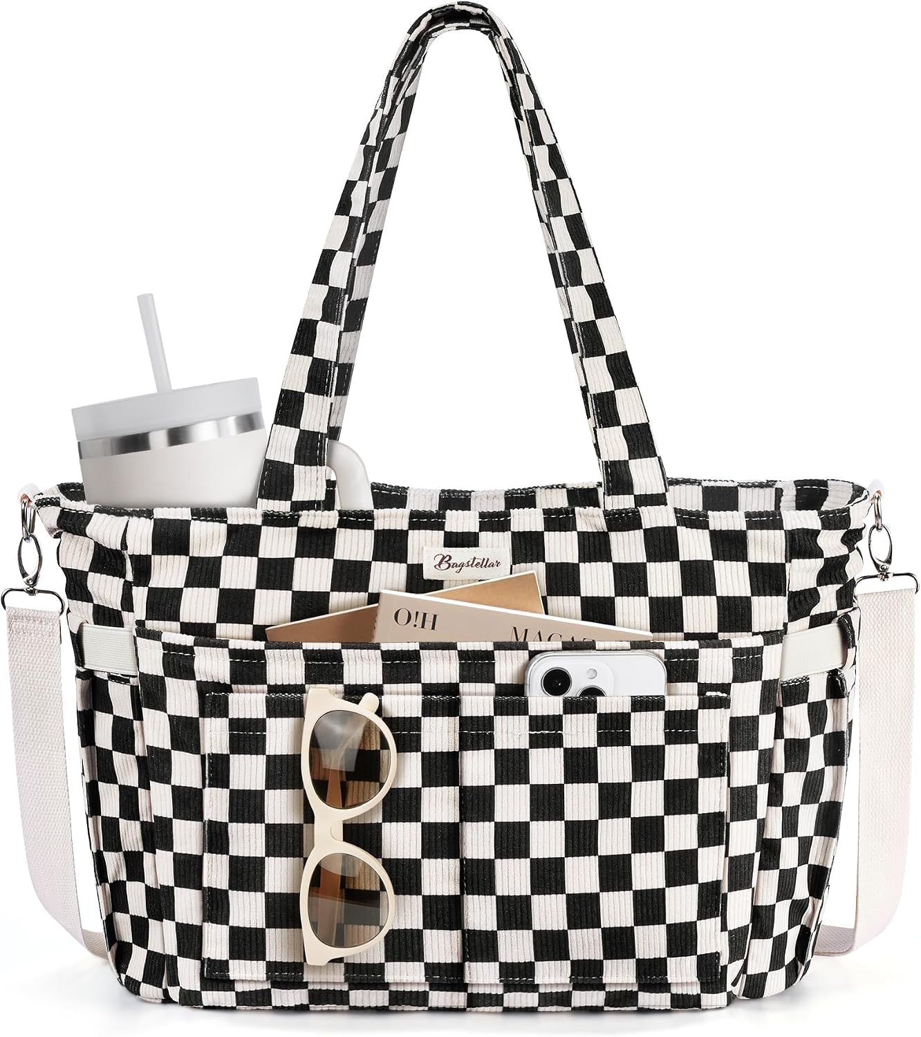 Corduroy Tote Bag for Women, 17 Pockets Laptop Work Bag with 40oz Cup Holder
