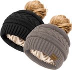 2Pcs Women's Ponytail Beanie, Satin Lined Winter Hat for Outdoor Activities