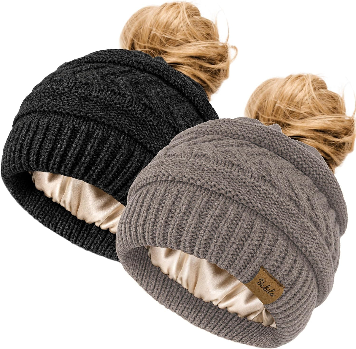 2Pcs Women's Ponytail Beanie, Satin Lined Winter Hat for Outdoor Activities