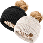 2Pcs Women's Ponytail Beanie, Satin Lined Winter Hat for Outdoor Activities