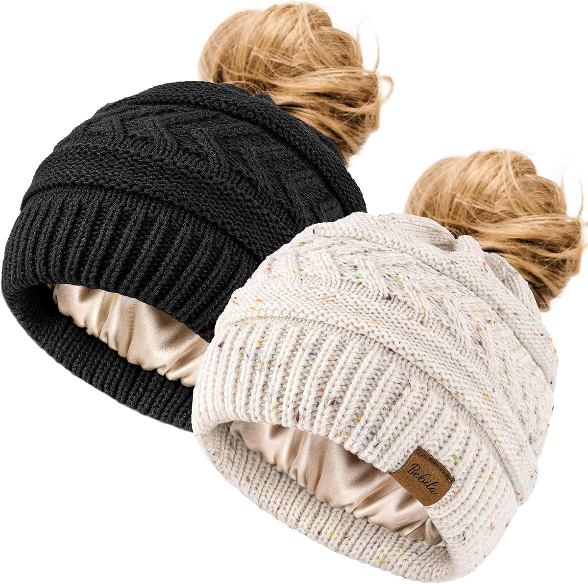 2Pcs Women's Ponytail Beanie, Satin Lined Winter Hat for Outdoor Activities