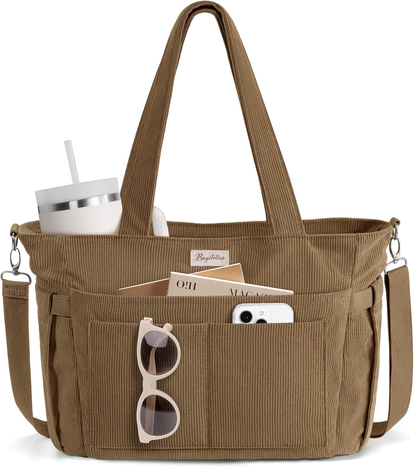 Corduroy Tote Bag for Women, 17 Pockets Laptop Work Bag with 40oz Cup Holder
