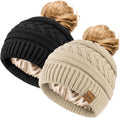 2Pcs Women's Ponytail Beanie, Satin Lined Winter Hat for Outdoor Activities