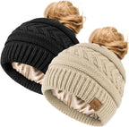 2Pcs Women's Ponytail Beanie, Satin Lined Winter Hat for Outdoor Activities