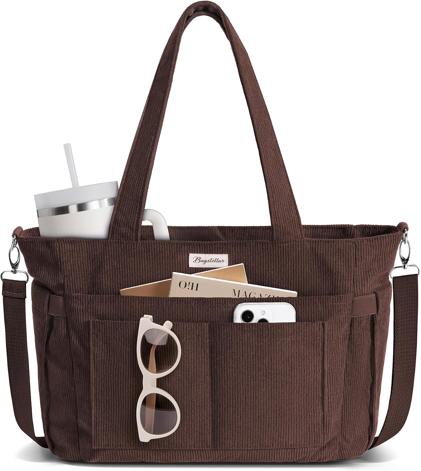 Corduroy Tote Bag for Women, 17 Pockets Laptop Work Bag with 40oz Cup Holder