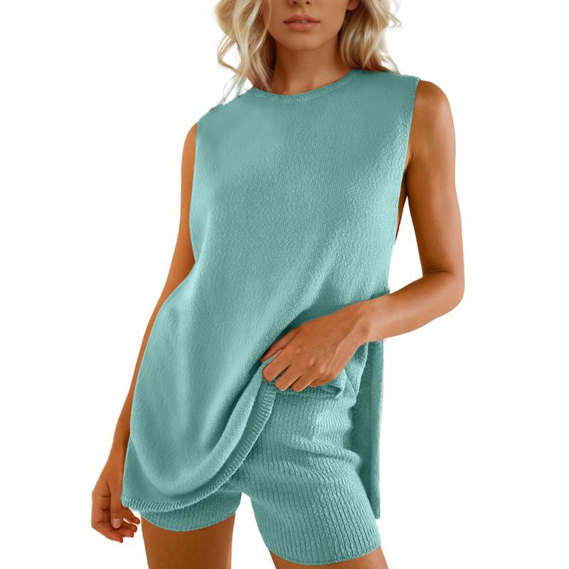 Women's 2 Piece Summer Knit Sweater Set - Sleeveless Tunic Top and Matching Shorts