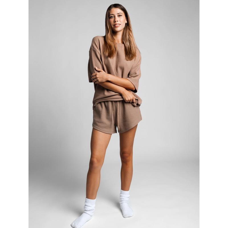 Waffle Lounge Shorts with Curved Hem and Elastic Waistband for Sports and Lounging