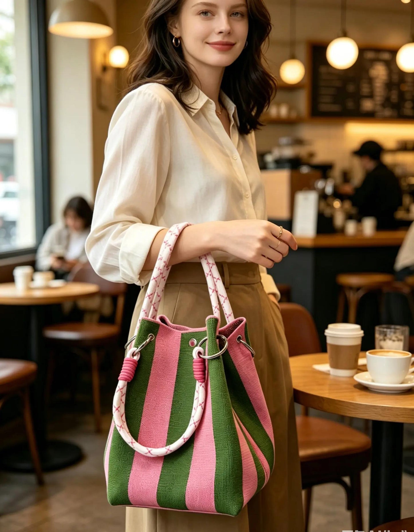 Boho Woven Polyester Bucket Bag, Handmade Knitted Crochet Shoulder Bag for Travel and Beach