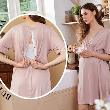 Women's Maternity Dress - Stretchy V-Neck Nursing Gown with Skin-to-Skin Access