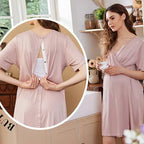 Women's Maternity Dress - Stretchy V-Neck Nursing Gown with Skin-to-Skin Access